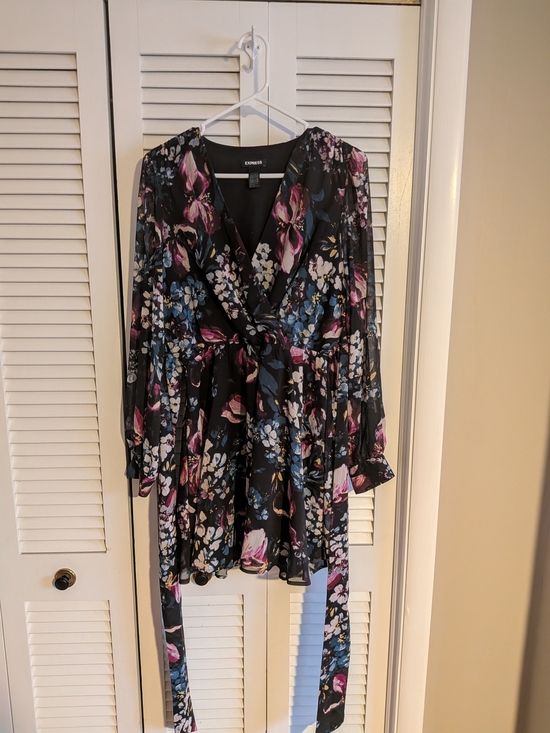 Express Dresses & Skirts - Express Black Floral Wrap Mini Dress with Pink and Blue Blooms